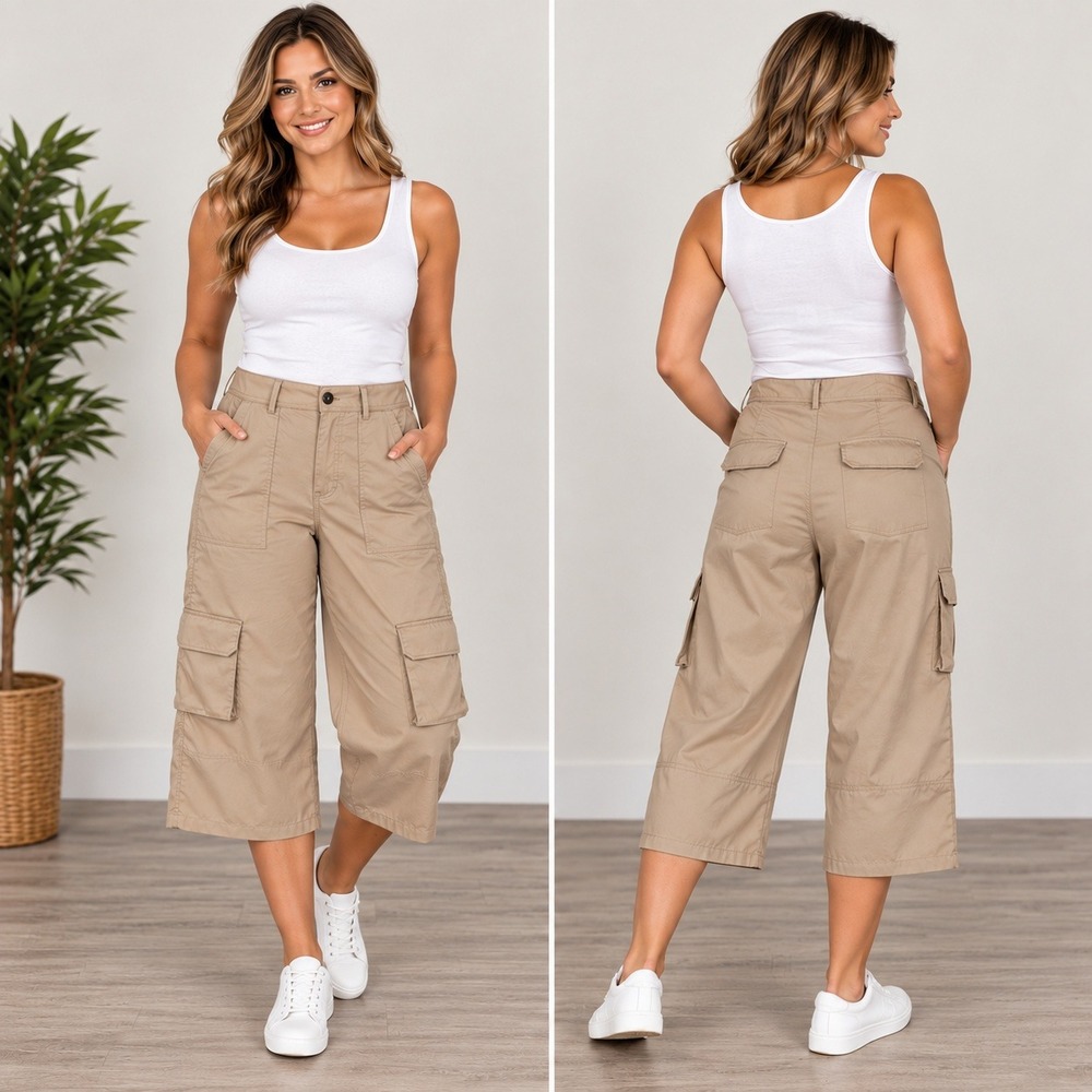 Womens Tan Khaki High Waisted Cargo Culottes Wide Leg Cropped Utility Pants L